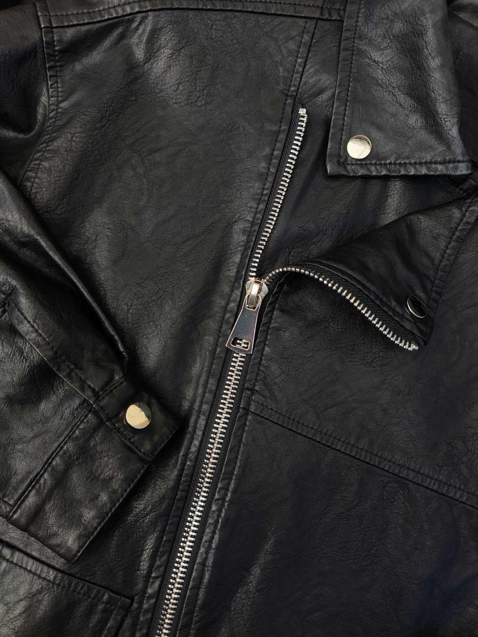 Close-up of a leather jacket zipper